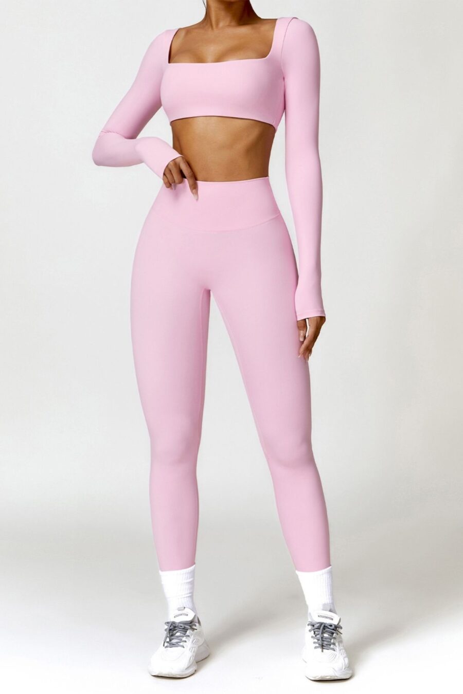 5 Renk Kare Yaka Uzun Kollu Crop Top Pembe 1