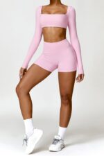 5 Renk Kare Yaka Uzun Kollu Crop Top Pembe 2