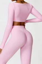 5 Renk Kare Yaka Uzun Kollu Crop Top Pembe 4