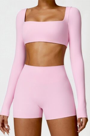 5 Renk Kare Yaka Uzun Kollu Crop Top Pembe 5