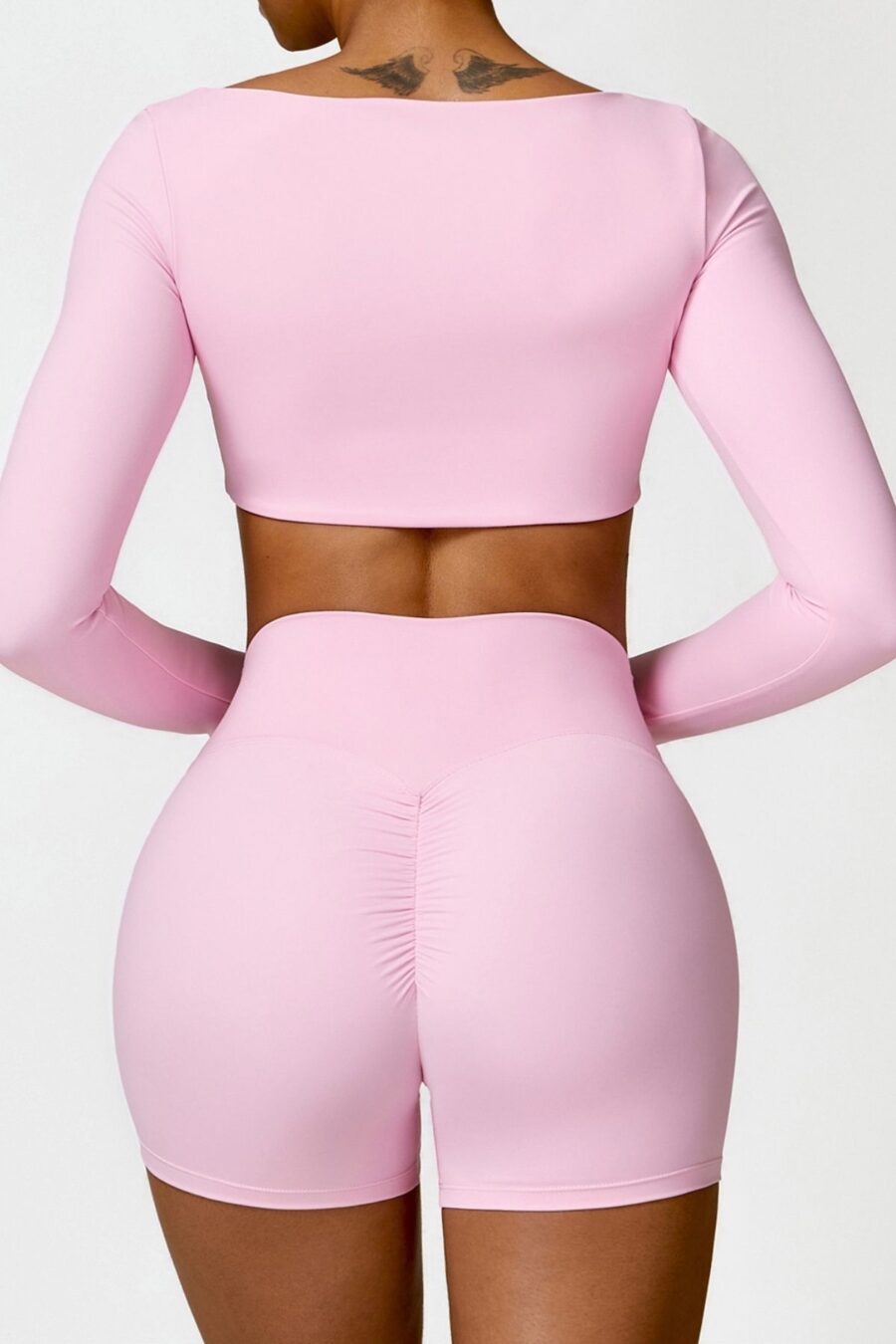 5 Renk Kare Yaka Uzun Kollu Crop Top Pembe 6